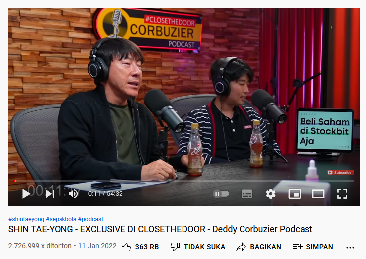 Video podcast YouTube Deddy Corbuzier bersama Shin Tae Yong telah mendapat lebih dari 2,5 juta viewers hanya dalam 5 jam.