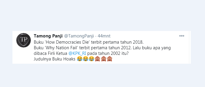 Tangkapan layar Twitter salah satu komentar mengenai ucapan ketua KPK FIrli Bahuri tentang buku How Democracies Die