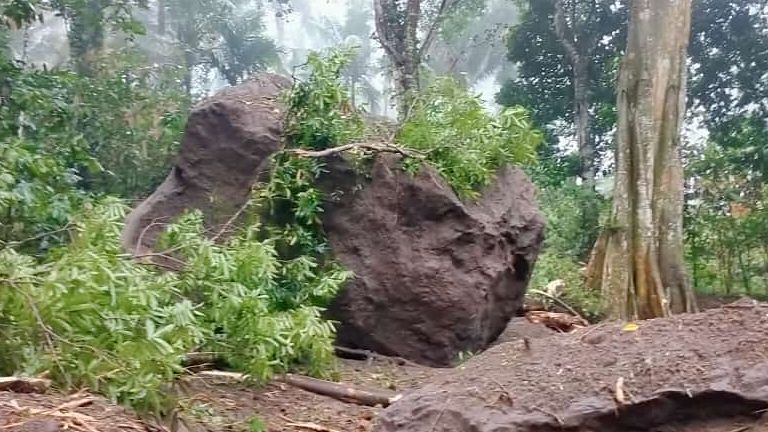 Kondisi batu besar yang terbawa banjir bersamaan dengan kera hutan, yang menurut warga banyak yang mati.