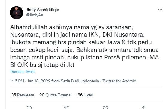Cuitan eks Ketua MK, Jimly Asshidiqie soal nama ibu kota negara Nusantara.