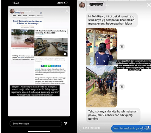 Percakapan Risa Saraswati dan salah satu akun di media sosial yang melaporkan keadaan terkini langsung dari lokasi.