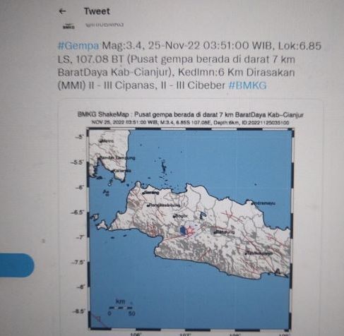 Tangkapan layar informasi gempa bumi tektonik magnitudo 3.4  yang melanda Kabupaten Cianjur Jumat 25 November 2022 pukul 03.55 WIB dirasakan hingga ke Sukabumi dan Bogor.