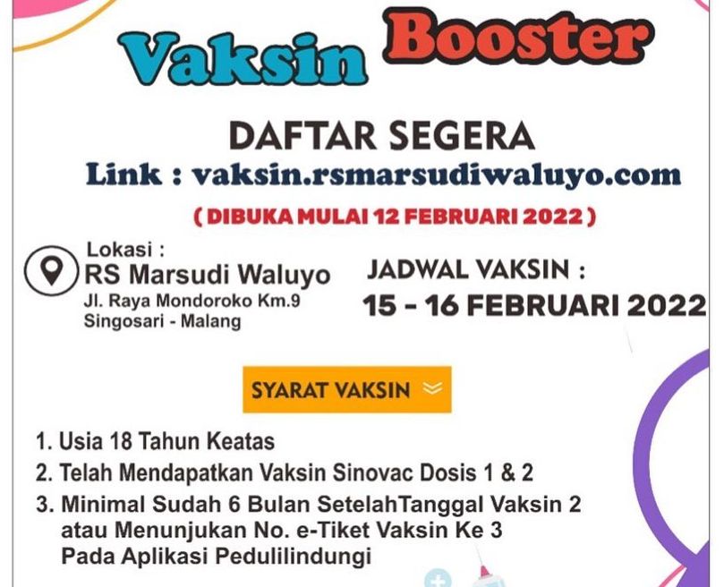 Info Vaksin Booster Malang di RS Marsudi Waluyo, Rabu-Kamis 15-16 Februari 2022