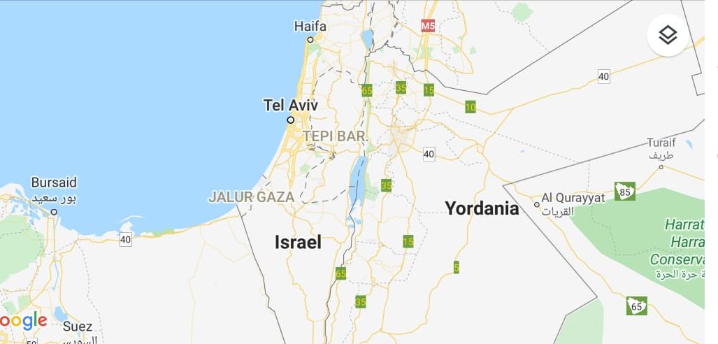 Hasil pencarian peta Palestina di Google Maps. 