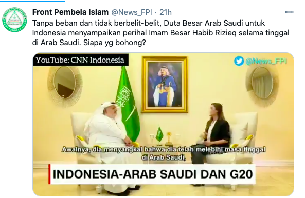 Tangkapan layar video wawancara Dubes Arab Saudi untuk Indonesia, Essam bin Abed al-Thaqafi, yang membongkar kasus Imam Besar Front Pembela Islam (FPI) Habib Rizieq Shihab saat berada di Mekah.*