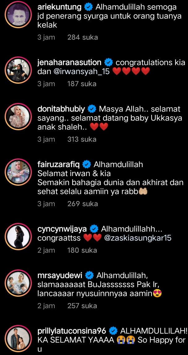 Screenshoot Komentar Rekan Artis yang memberikan selamat atas kelahiran putra Irwansyah dan Zaskia Sungkar