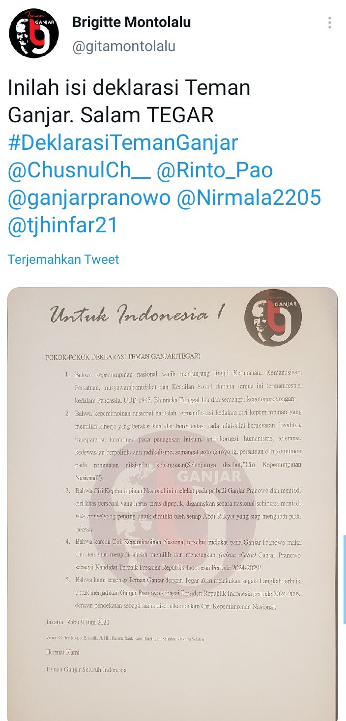 Isi deklarasi Teman Ganjar, yang mendukung Gubernur Jawa Tengah Ganjar Pranowo maju dalam Pilpres 2024.