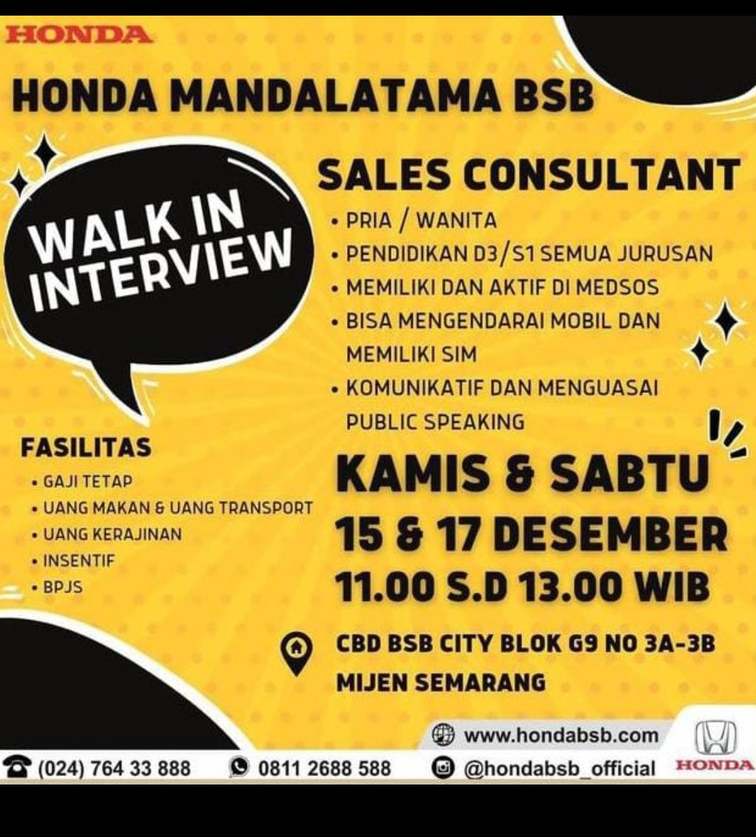 Honda Mandalatama BSB membuka lowongan kerja(loker) sebagai sales consultant.
