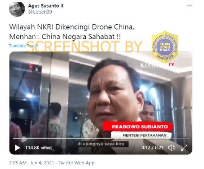 Tangkapan layar, unggahan yang mengklaim pernyataan Menhan Prabowo soal temuan drone di laut Sulsel