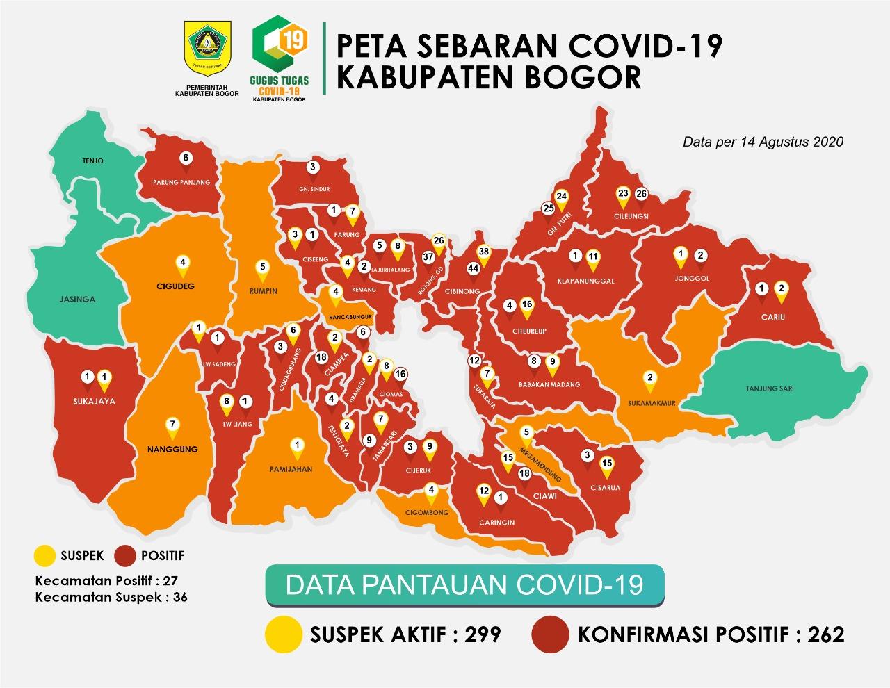 Peta sebaran kasus Covid-19 di Kabupaten Bogor. Diaporkan dalam sehari ada tambahan 24 kasus positif/ Diskominfo