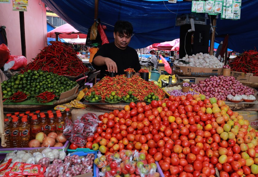 Pedagang menata cabai rawit yang dijual di Pasar Barito Gamalama, Kota Ternate, Maluku Utara.(Antara